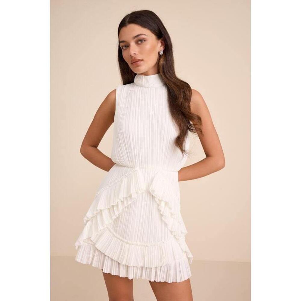 Lulus Alvana White Plisse Mock Neck Ruffled Mini Dress - Size L